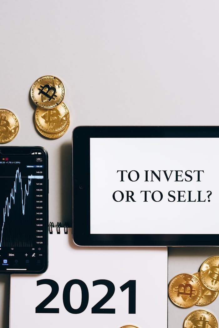 Tablet with To Invest or To Sell? text, gold bitcoins, smartphone displaying a stock chart.